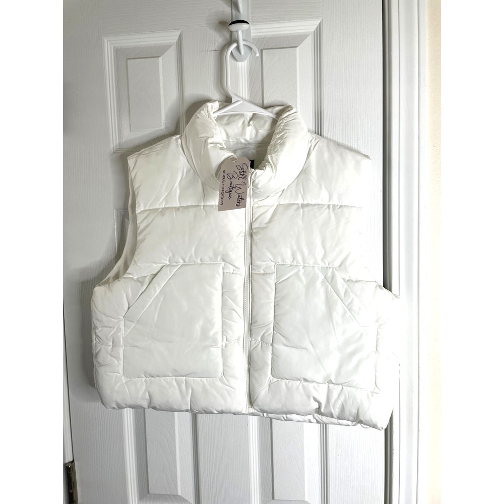 Love Tree Women Juniors Cropped Puffer Vest White Large Pockets Zipper NEW
